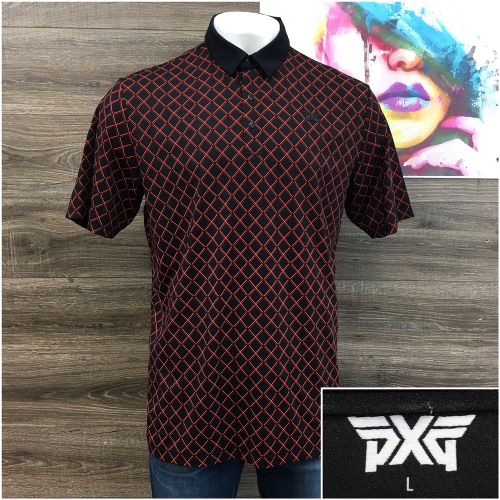 PXG Parsons Xtreme Golf Mens Large Black Orange Diamond Grid Polo Shirt L